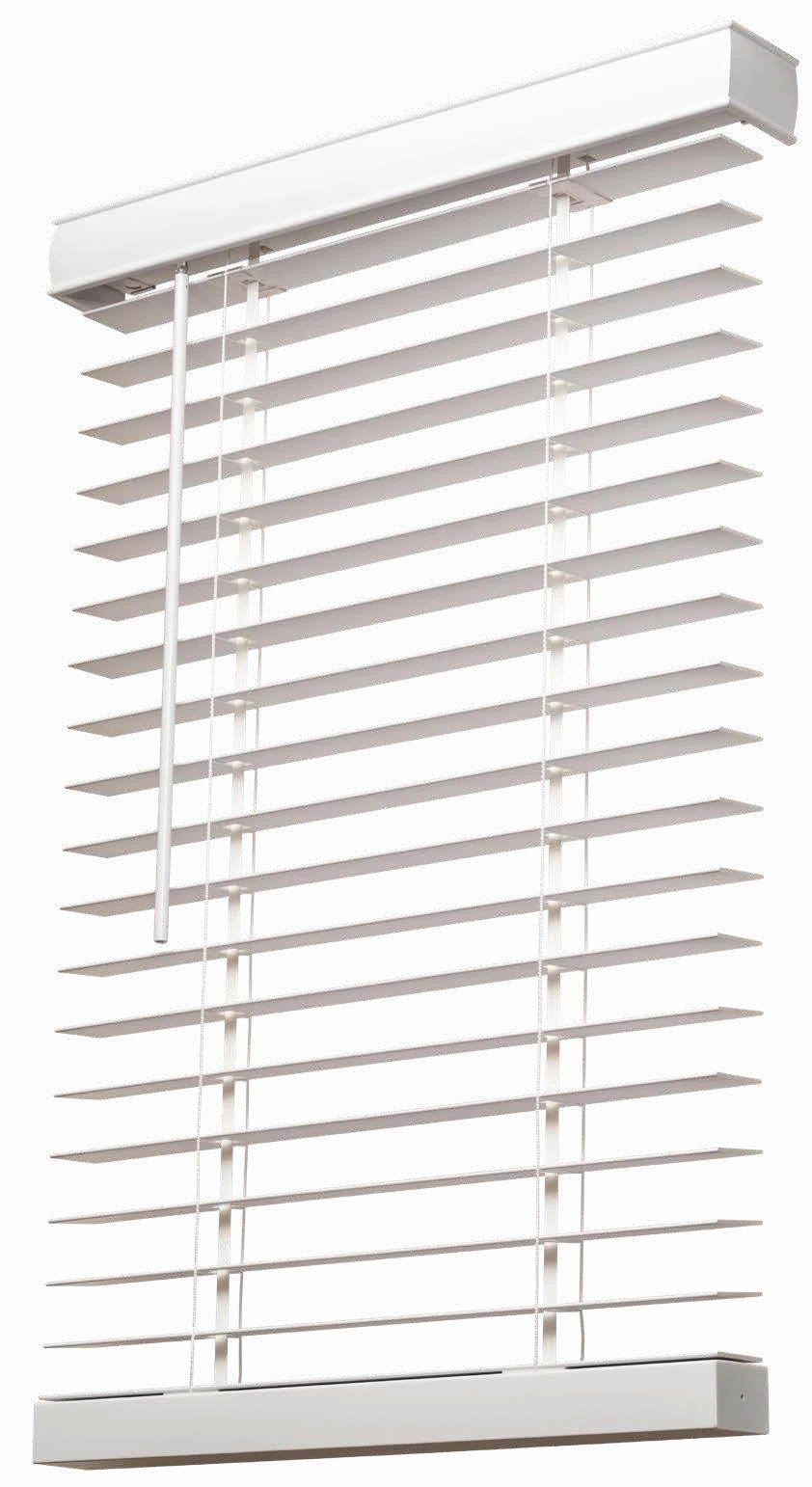 Manufacturer product image of AAA Express White Fauxwood with open white slats, tilt wand and band lift