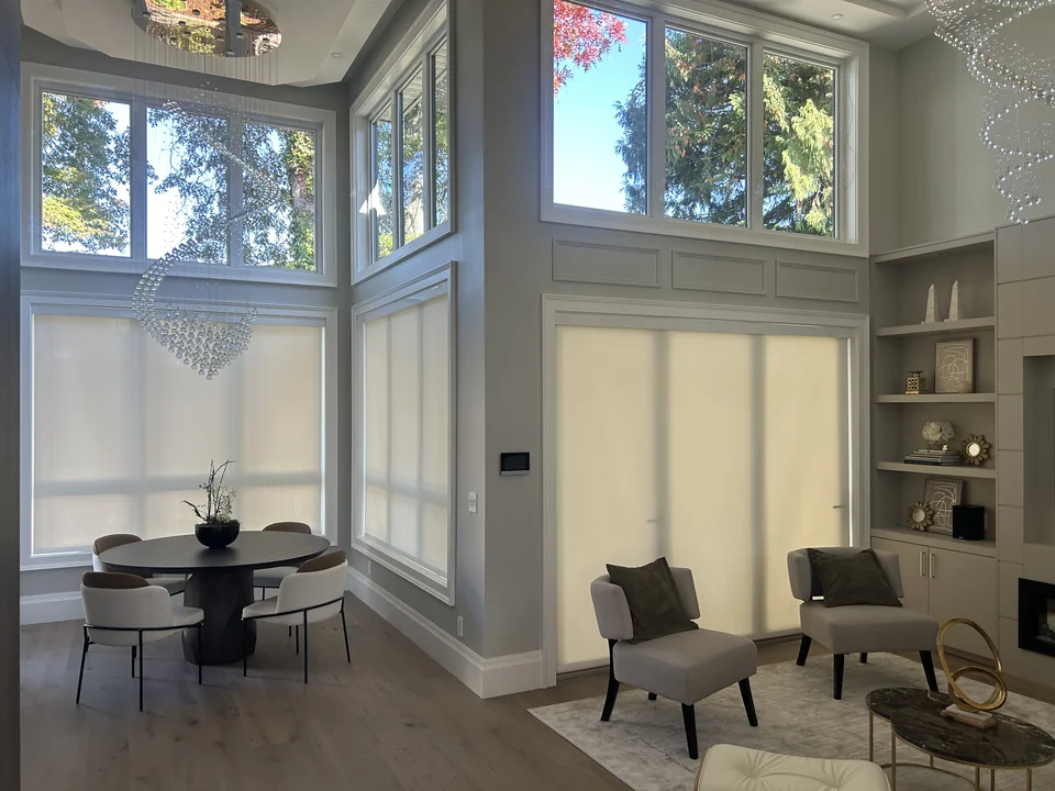 Light-filtering roller shades at the lower windows of a tall living room, keeping trees visible above
