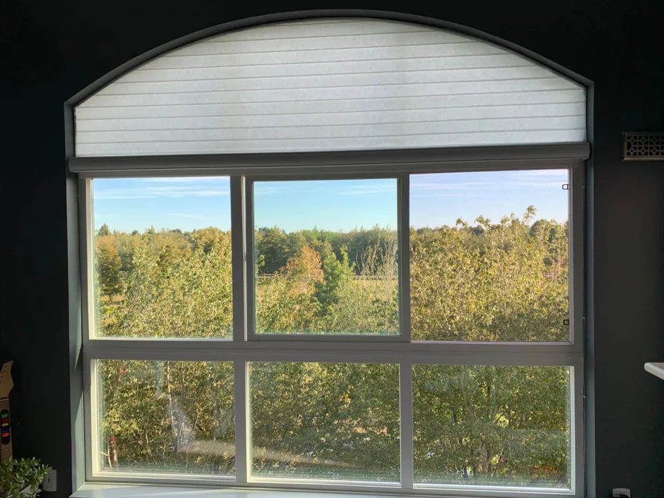 A shaped treatment follows the curved transom above a large rectangular window